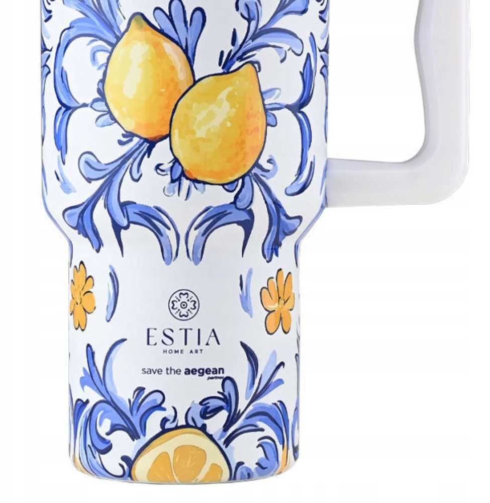 Estia DIDELIS TERMINIS PUODULIS SU ŠAUDULIU 900 ML citrinos raštas su laikikliu kavai ir arbatai