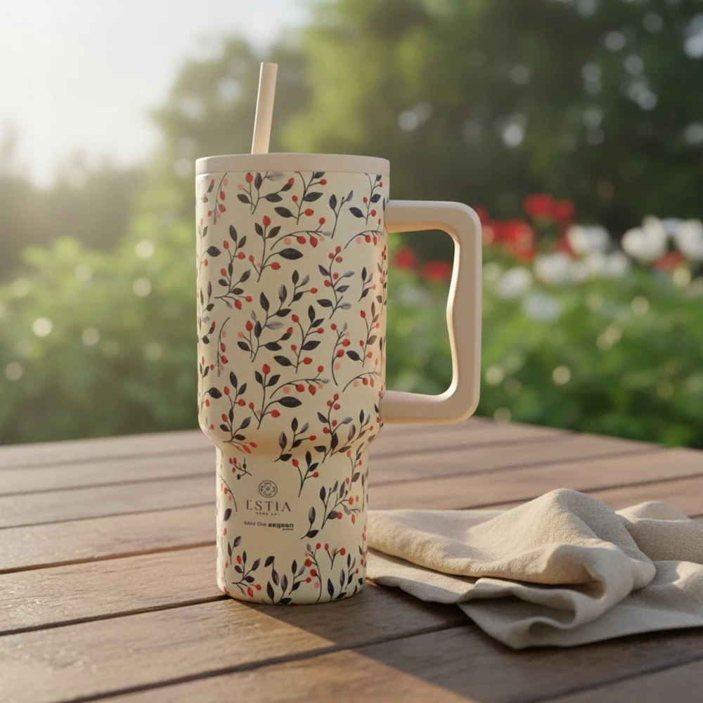 Estia DIDELIS TERMINIS PUODULIS SU ŠIAUDU 900 ML smėlio spalvos su rankena kavai ir arbatai