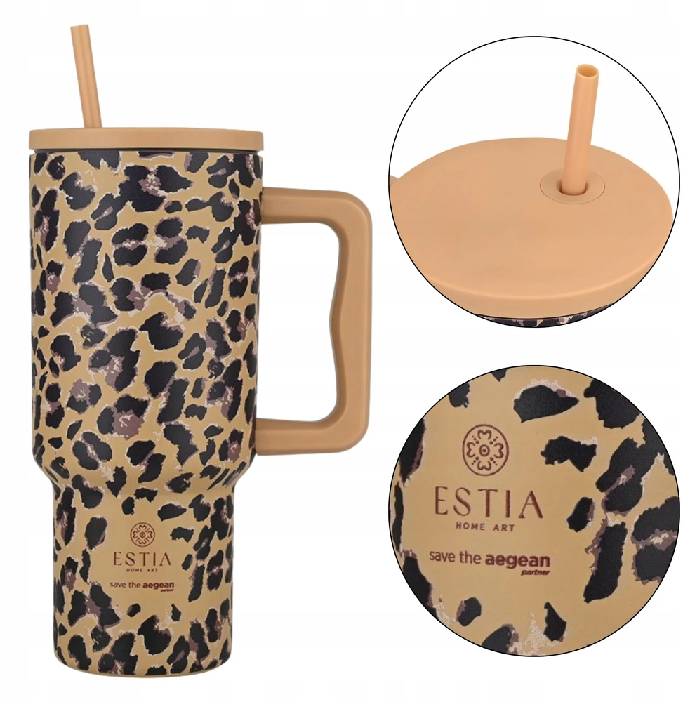 Estia Didelis termo puodelis su šiaudeliu 900 ml kavai ir arbatai 6/12h pantera MADINGA