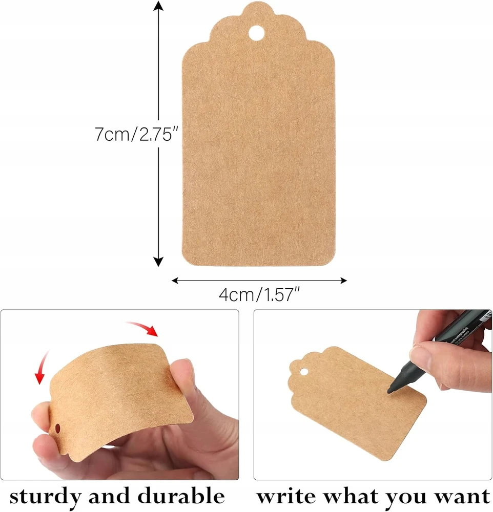 ETIKETĖS 100 Vnt. 7X4CM RUDO KRAFTPOPIERIAUS pakabinimo etiketė