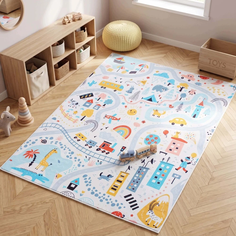 Eureka Home DYWAN DZIECIĘCY DROGA ZWIERZĘTA DO POKOJU DZIECKA ANTYPOŚLIZGOWY 100X150