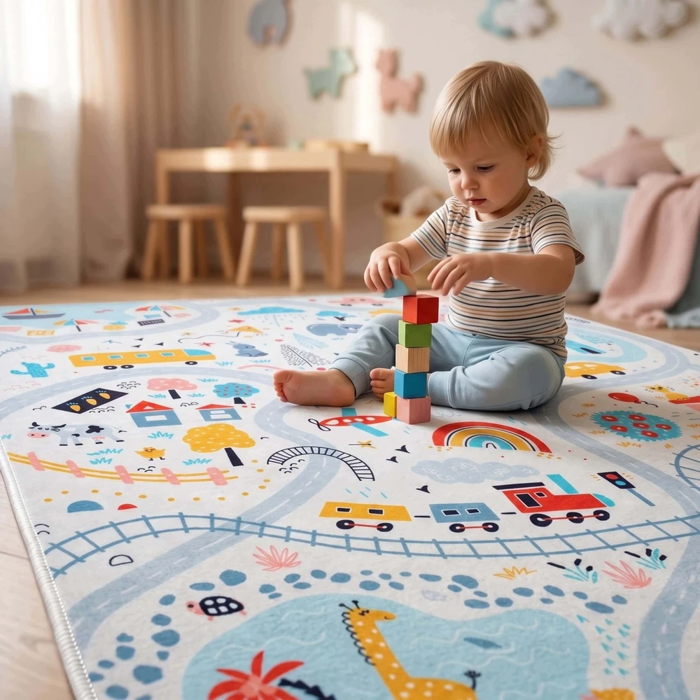Eureka Home DYWAN DZIECIĘCY DROGA ZWIERZĘTA DO POKOJU DZIECKA ANTYPOŚLIZGOWY 100X150