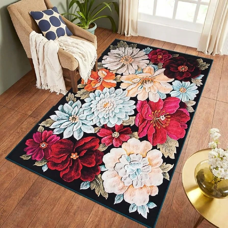 Eureka Home Kiliminės gėlės bijūnai aksomas plaunamas 80x120 spalvų neslystantis veliūras 120