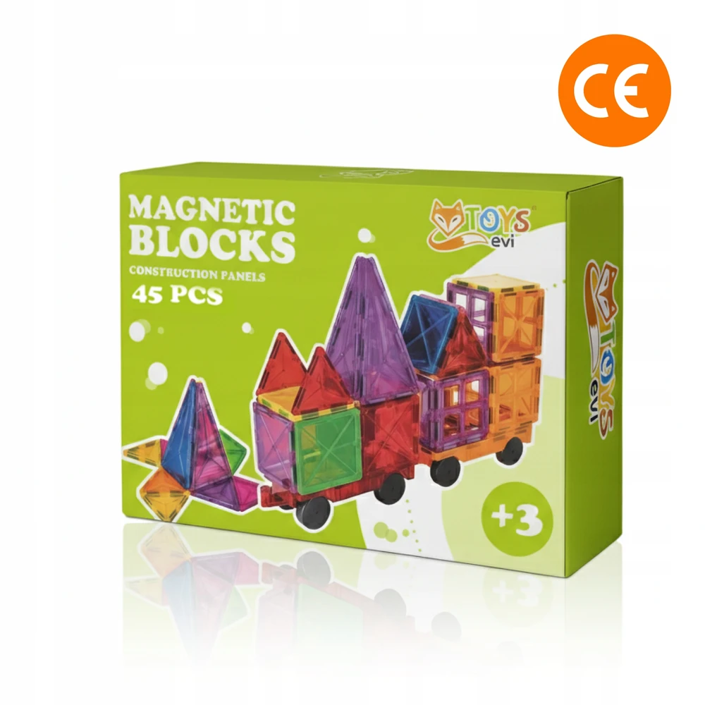 EVI MAGNETINĖS KONSTRUKCIJOS EDUKACINIAI BLOKAS 3D DĖLĖS DIDELIS RINKINYS 45 vnt.