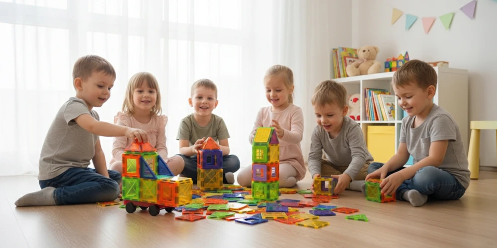EVI MAGNETINĖS KONSTRUKCIJOS EDUKACINIAI BLOKAS 3D DĖLĖS DIDELIS RINKINYS 45 vnt.