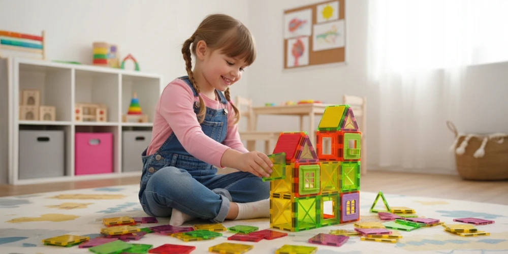 EVI MAGNETINĖS KONSTRUKCIJOS EDUKACINIAI BLOKAS 3D DĖLĖS DIDELIS RINKINYS 45 vnt.
