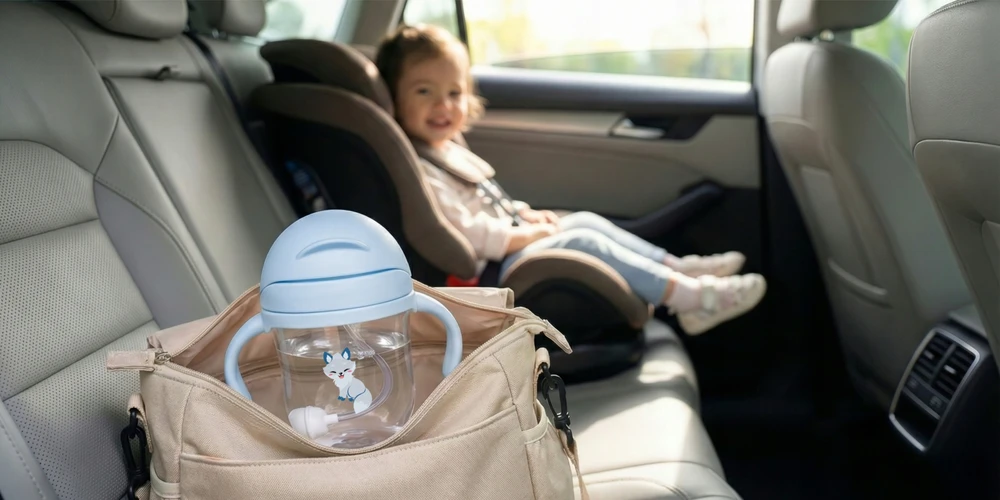 EVI SIDABRINIS BUTELIS su pasvertu šiaudeliu 220ml VAIKAMS su pavadėliu 6m+ MĖLYNAS