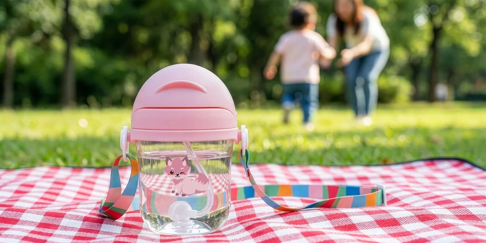 EVI SIDABRINIS PUODULIO buteliukas su pasvertu šiaudeliu 220ml VAIKAMS su pavadėliu 6m+ ROŽINĖ