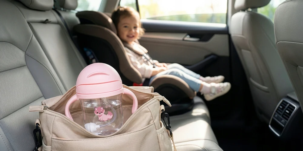 EVI SIDABRINIS PUODULIO buteliukas su pasvertu šiaudeliu 220ml VAIKAMS su pavadėliu 6m+ ROŽINĖ