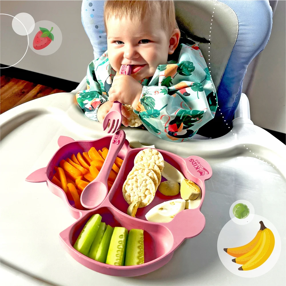 EVI Silikoninė lėkštė su siurbtuku SQUIRREL mokantis valgyti + BLW rožiniai stalo įrankiai
