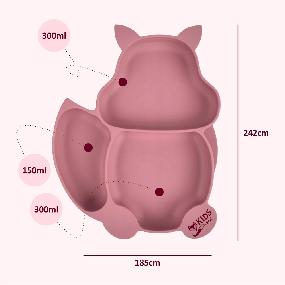 EVI Silikoninė lėkštė su siurbtuku SQUIRREL mokantis valgyti + BLW rožiniai stalo įrankiai