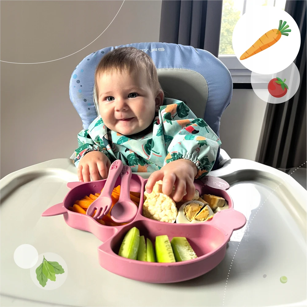EVI Silikoninė lėkštė su siurbtuku SQUIRREL mokantis valgyti + BLW rožiniai stalo įrankiai