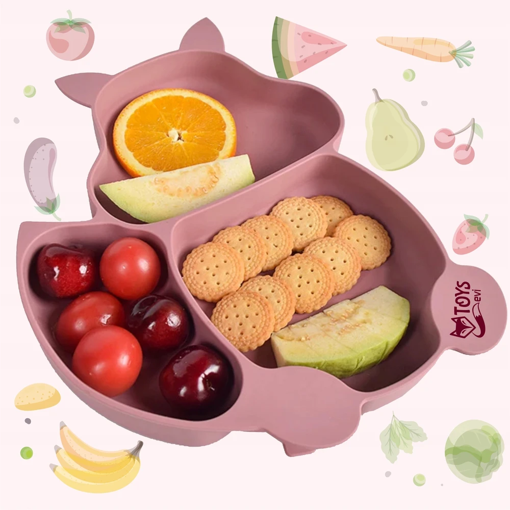 EVI Silikoninė lėkštė su siurbtuku SQUIRREL mokantis valgyti + BLW rožiniai stalo įrankiai
