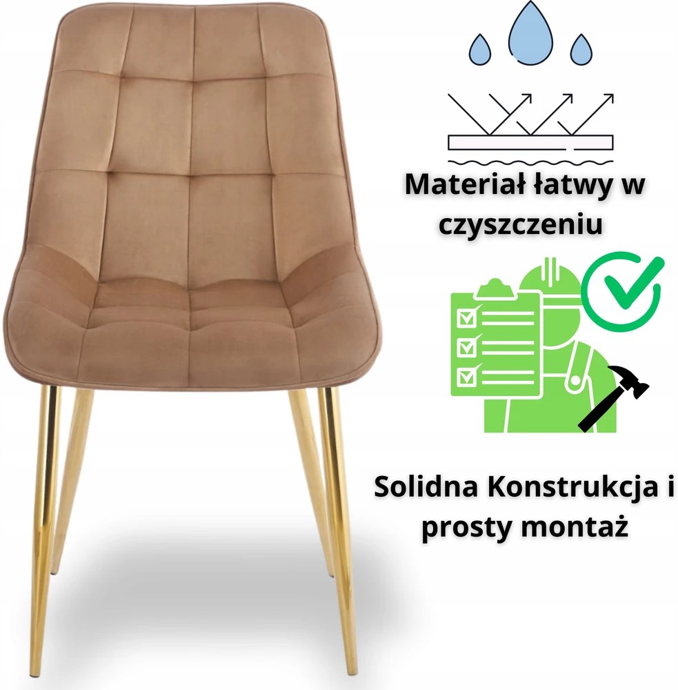 Ewygodnie Aksominė kapučino kėdė su auksinėmis dygsniuotomis kojomis tamsiai smėlio spalvos žavingam stalui