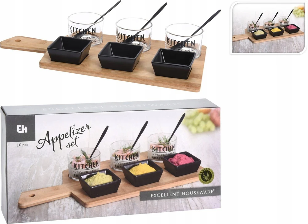 Excellent Houseware Užkandžių serviravimo rinkinys 10 vnt. Padėklas su juodais dubenėliais Komplektas