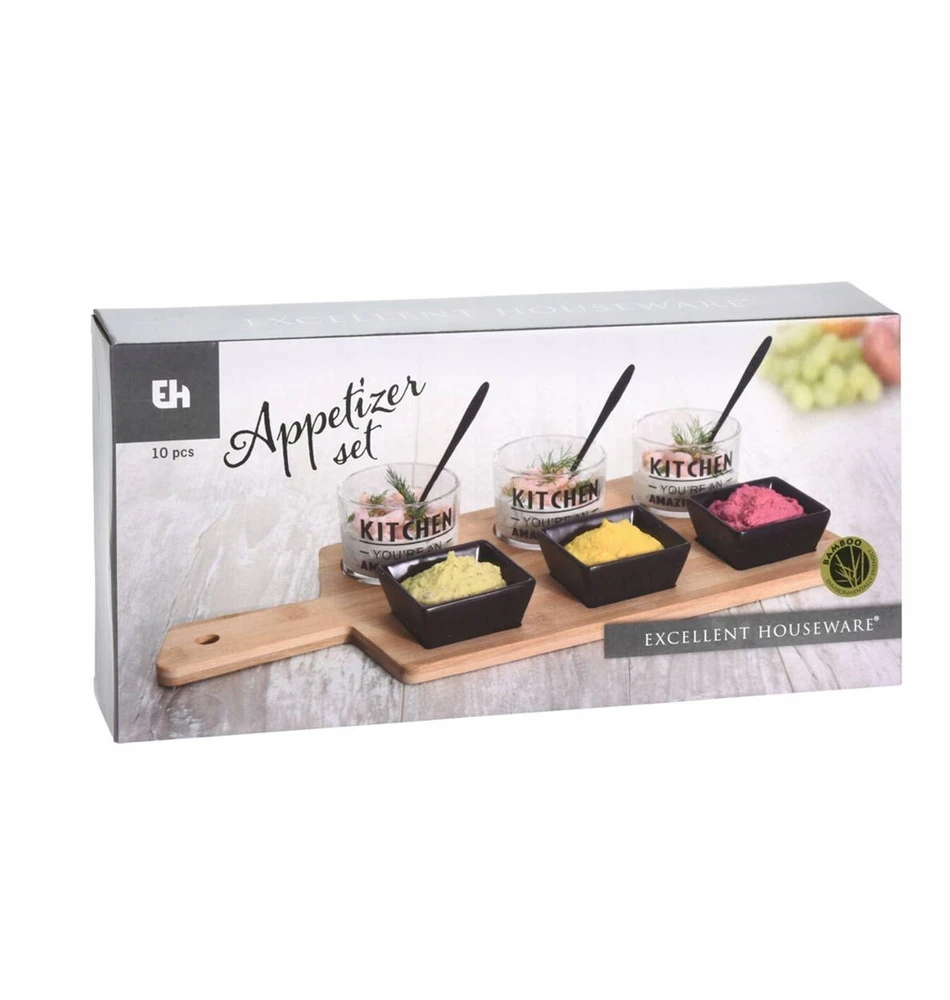 Excellent Houseware Užkandžių serviravimo rinkinys 10 vnt. Padėklas su juodais dubenėliais Komplektas