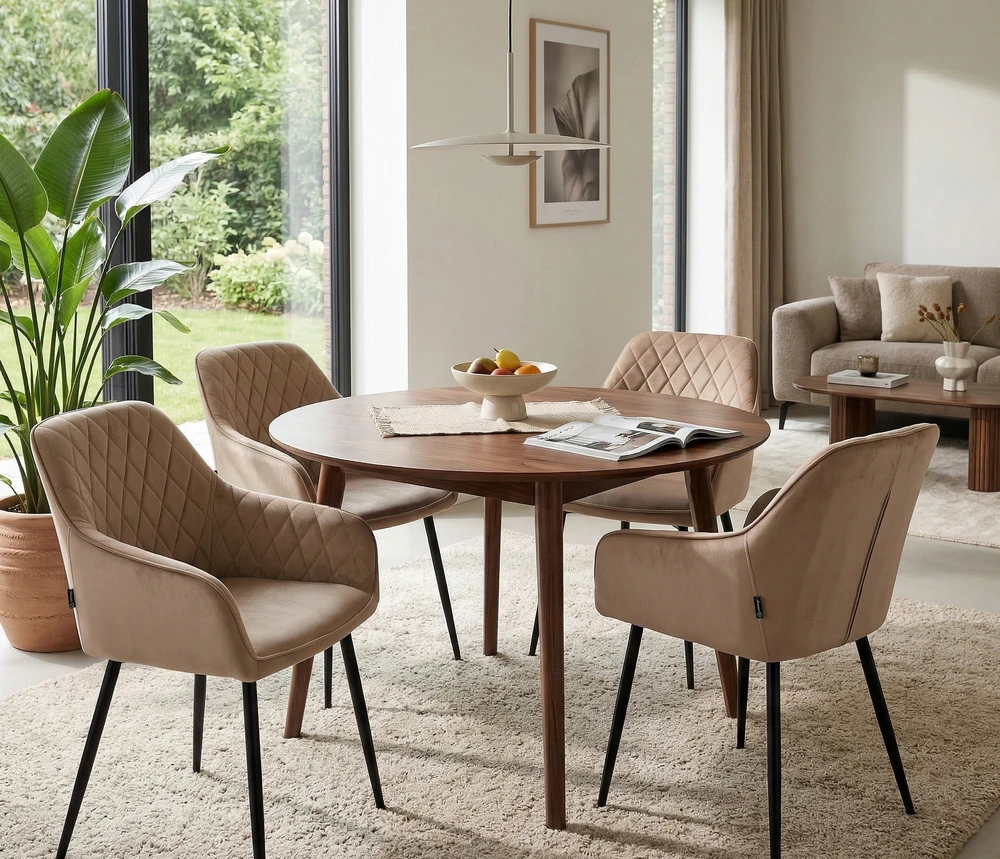 Exito Design Glamour aksominės smėlio spalvos dygsniuota kėdė tualetiniam stalui ir svetainei, palėpėje - RELLO