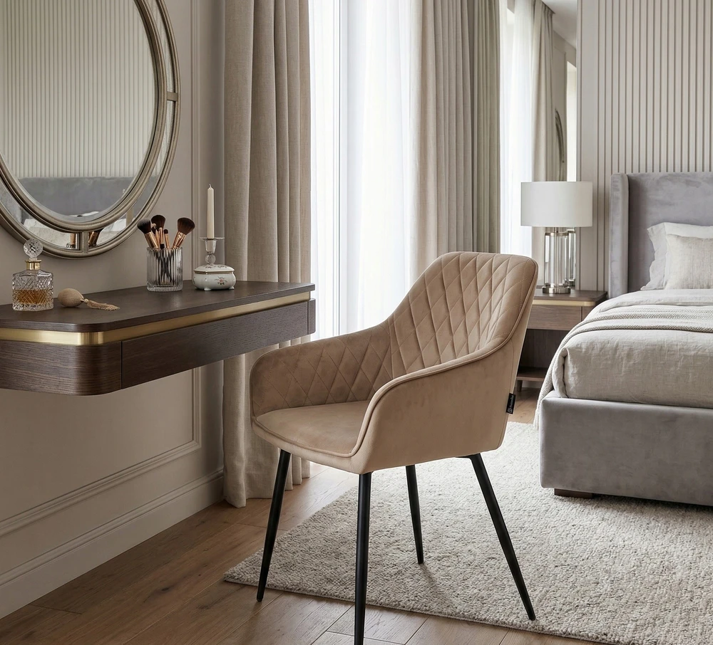 Exito Design Glamour aksominės smėlio spalvos dygsniuota kėdė tualetiniam stalui ir svetainei, palėpėje - RELLO