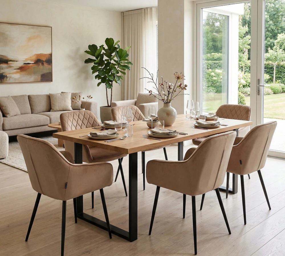 Exito Design Glamour aksominės smėlio spalvos dygsniuota kėdė tualetiniam stalui ir svetainei, palėpėje - RELLO