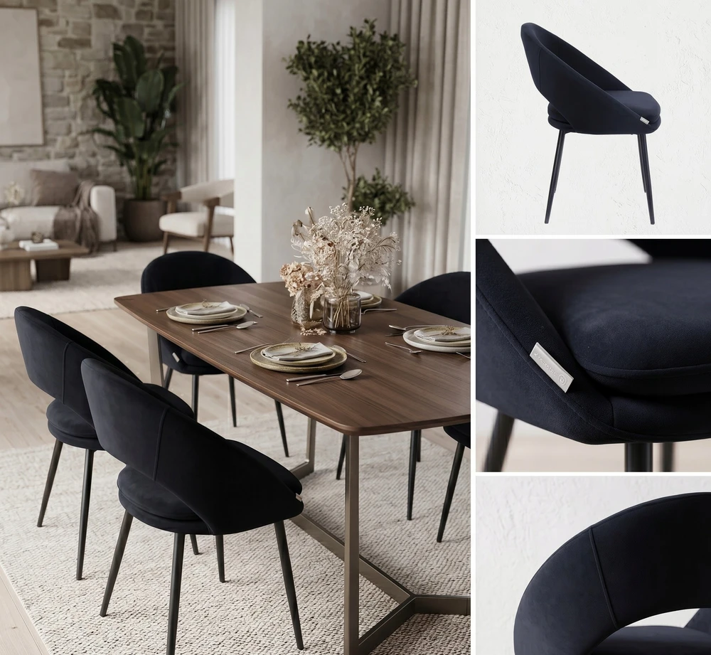 Exito Design Minkšta juodo aksomo kėdė svetainei, tualetiniam stalui, valgomajam - NILO