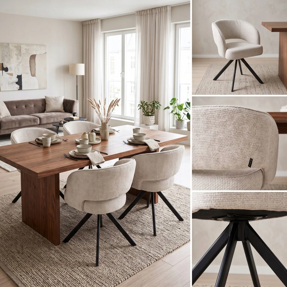 Exito Design Minkšta pasukama kėdė su smėlio spalvos spyruoklėmis, skirta MELTON svetainei