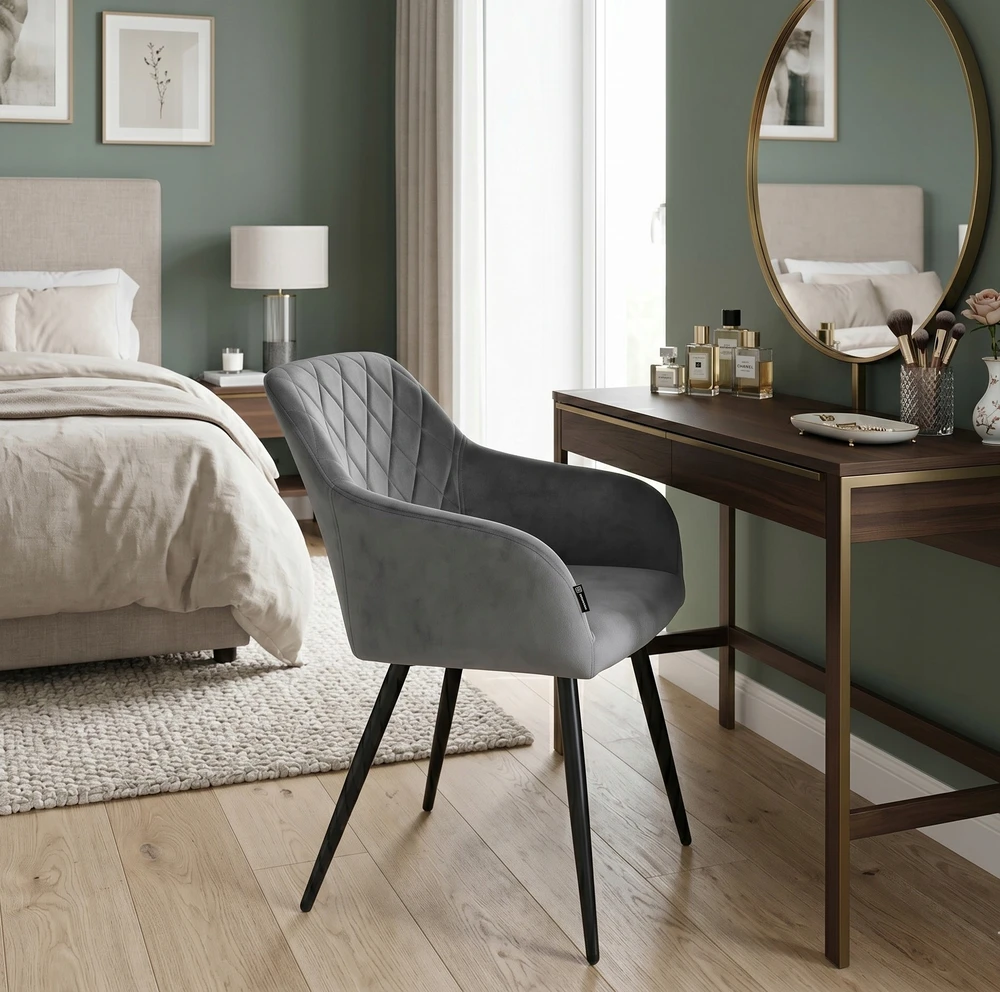 Exito Design Minkšta pilka aksominė kėdė svetainei, valgomajam ir virtuvei - MILTON