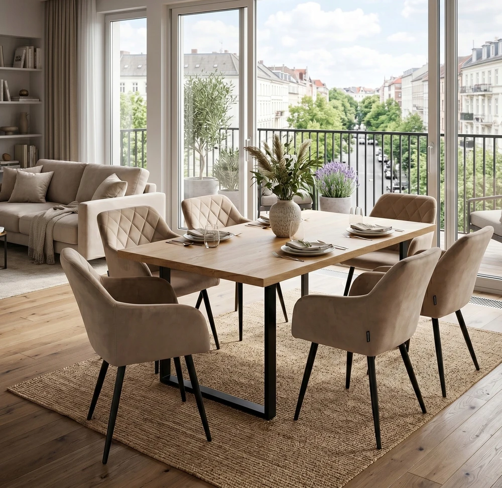 Exito Design Modernus smėlio spalvos veliūrinis krėslas Milton su juodomis metalinėmis kojomis