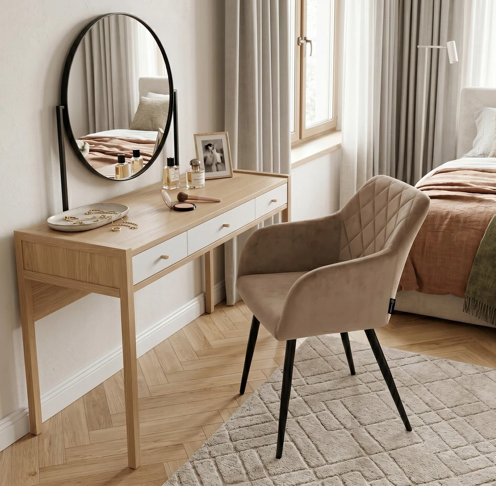 Exito Design Modernus smėlio spalvos veliūrinis krėslas Milton su juodomis metalinėmis kojomis