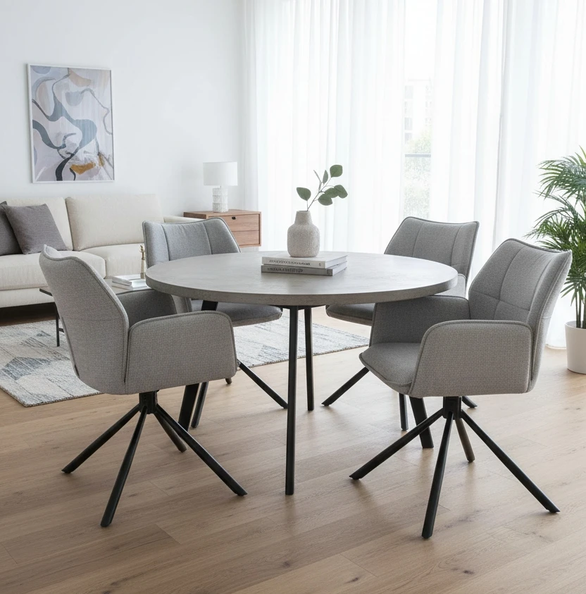 Exito Design Pilka minkšta pasukama kėdė svetainei, valgomajam, virtuvei ir EDEN rašomajam stalui