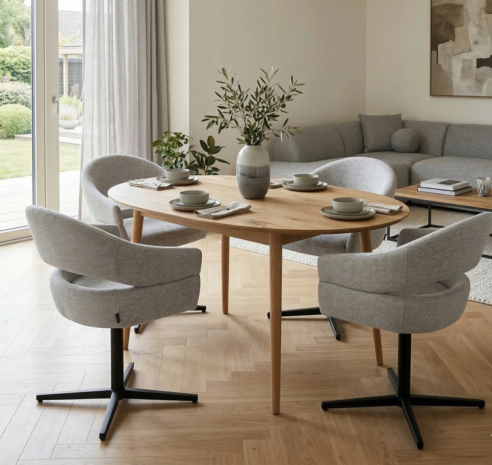 Exito Design Pilka minkšta pasukama kėdė svetainei, spyruoklės OVIO-S sėdynėje