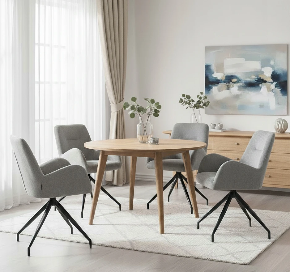 Exito Design Pilka minkšta pasukama kėdė svetainei, valgomajam, virtuvei ir KEMAL rašomajam stalui