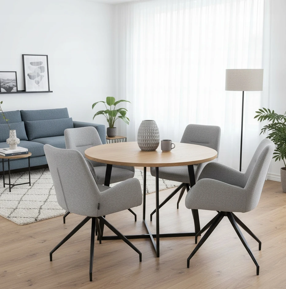 Exito Design Pilka minkšta pasukama kėdė svetainei, valgomajam, virtuvei ir KEMAL rašomajam stalui