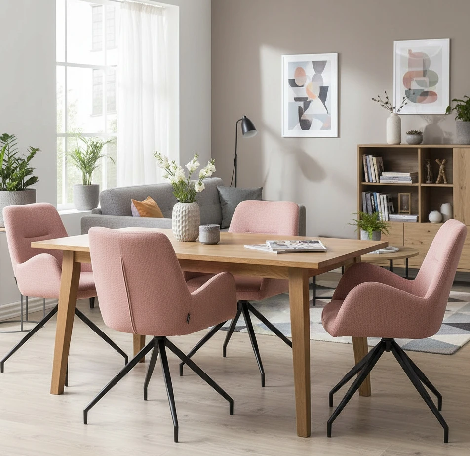 Exito Design Rožinė minkšta pasukama kėdė svetainei, valgomajam, virtuvei, KEMAL rašomiesiems stalams