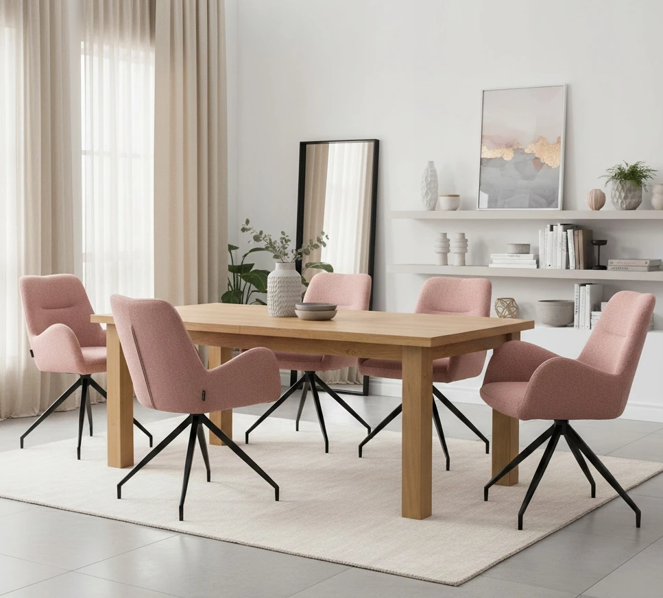 Exito Design Rožinė minkšta pasukama kėdė svetainei, valgomajam, virtuvei, KEMAL rašomiesiems stalams