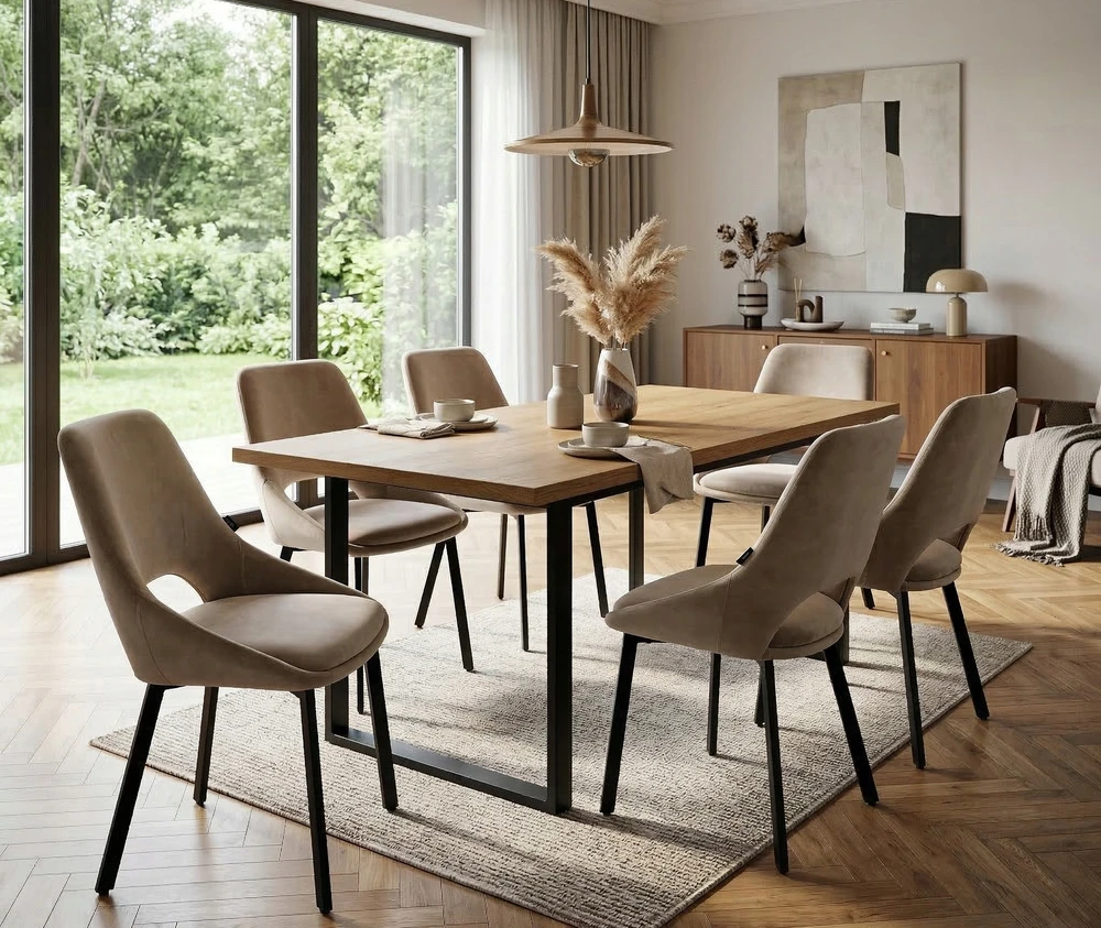 Exito Design Smėlio spalvos minkšta aksominė kėdė svetainei, valgomajam ir virtuvei - LUMO