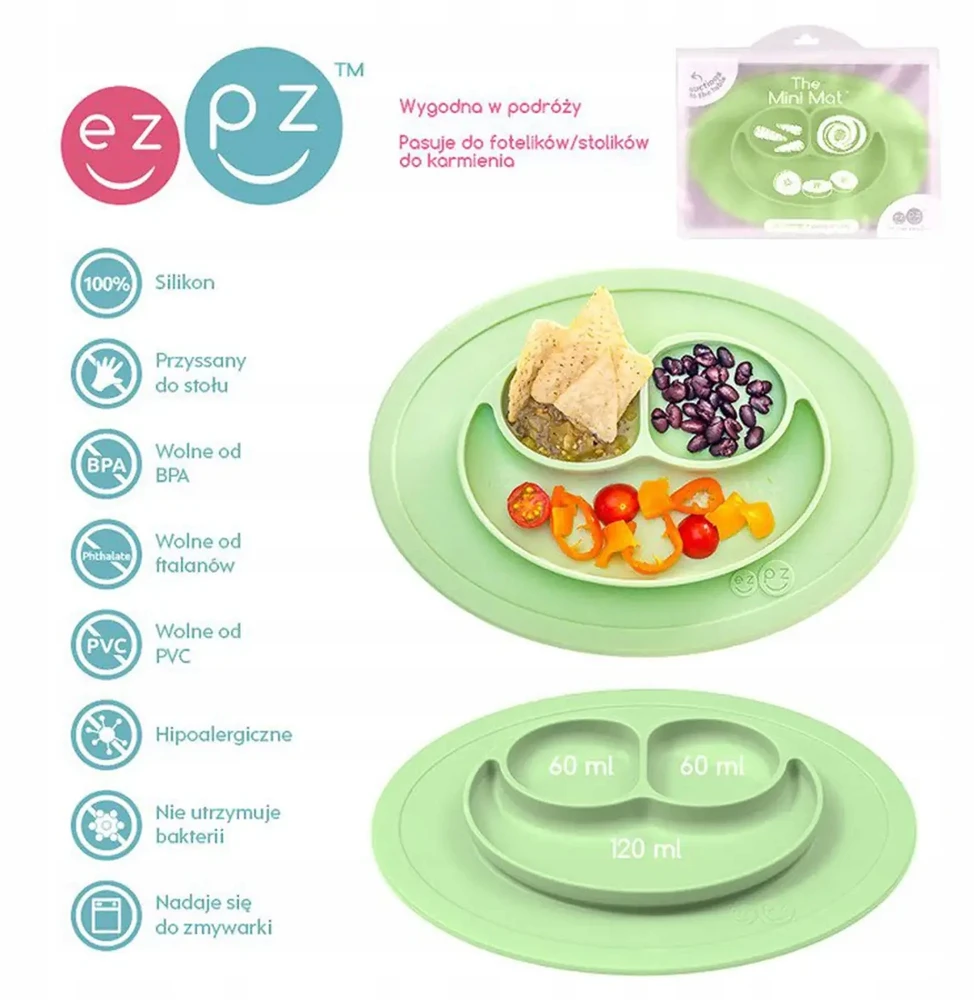 EZPZ Silikoninė plokštelė su padu, maža 2in1, Mini Mat, pastelinė žalia