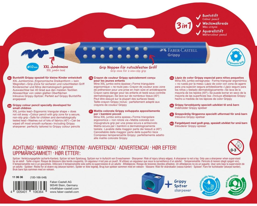 Faber-Castell spalvotų pieštukų rinkinys „Grippy“, 10 vnt., su drožtuku (110636), tvirti