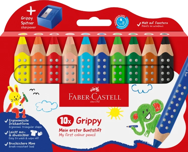 Faber-Castell spalvotų pieštukų rinkinys „Grippy“, 10 vnt., su drožtuku (110636), tvirti