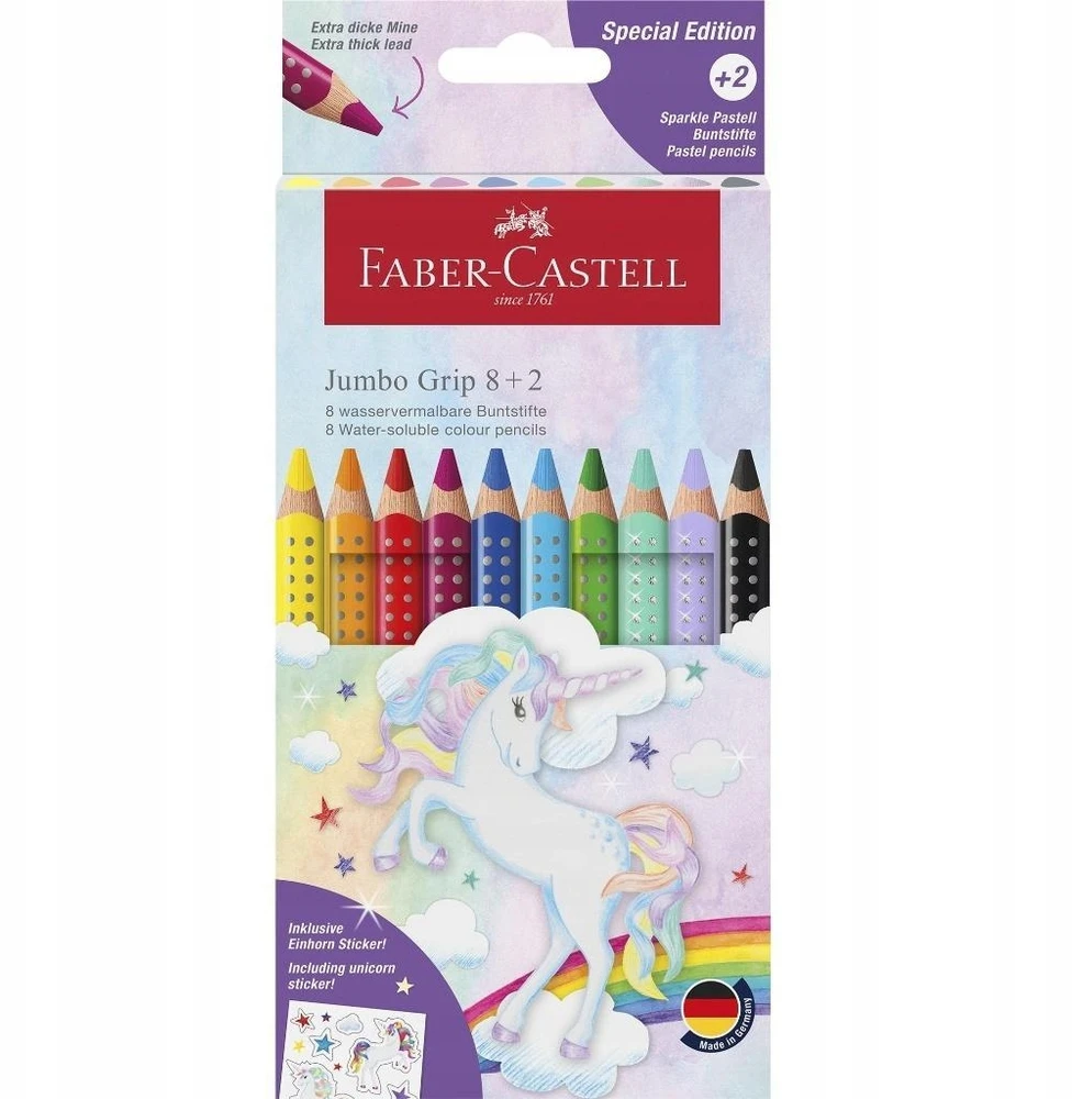 Faber-castell Grip Jumbo spalvoti pieštukai 10 vnt. su vienaragio lipdukais