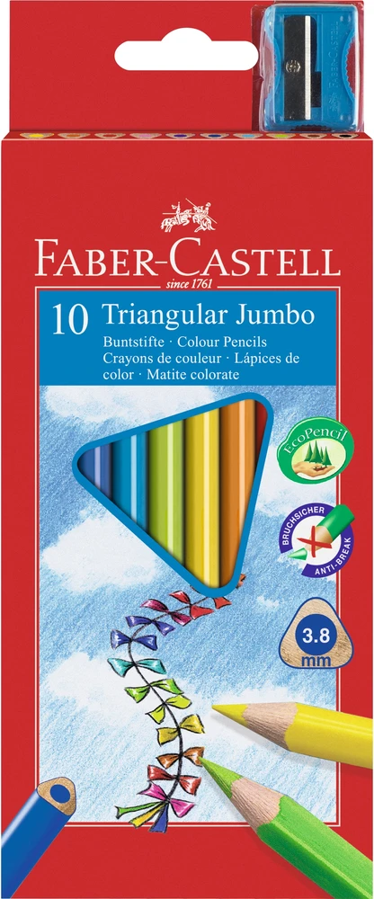 Spalvoti pieštukai Faber-Castell Junior Grip, tribriauniai, 10 spalvų, su drožtuku