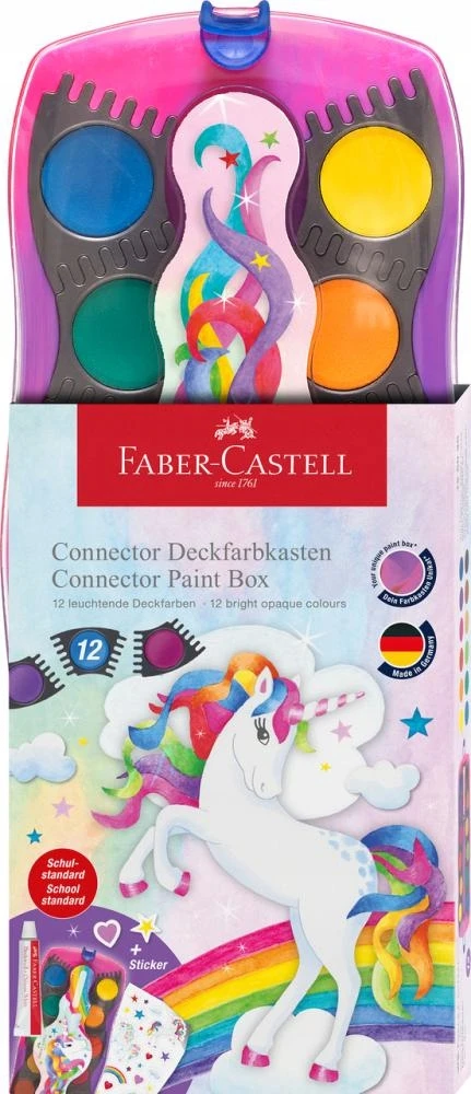Faber-Castell - Jungiamoji dažų dėžutė vienaragio rožinė, 12 spalvų, įskaitant kinišką baltą (125035)