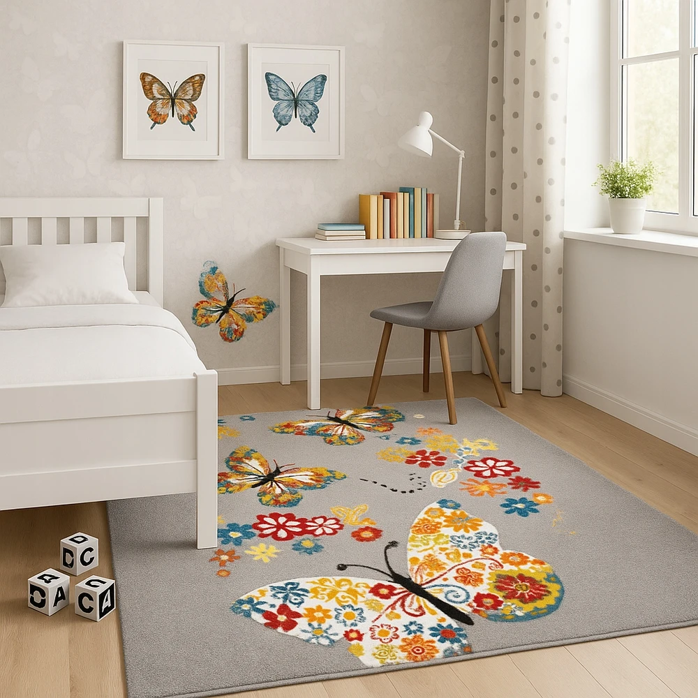 Family fabrics DYWAN DLA DZIECKA - DZIECIĘCY KIDS 577 MOTYLKI PILKA - 80 x 150