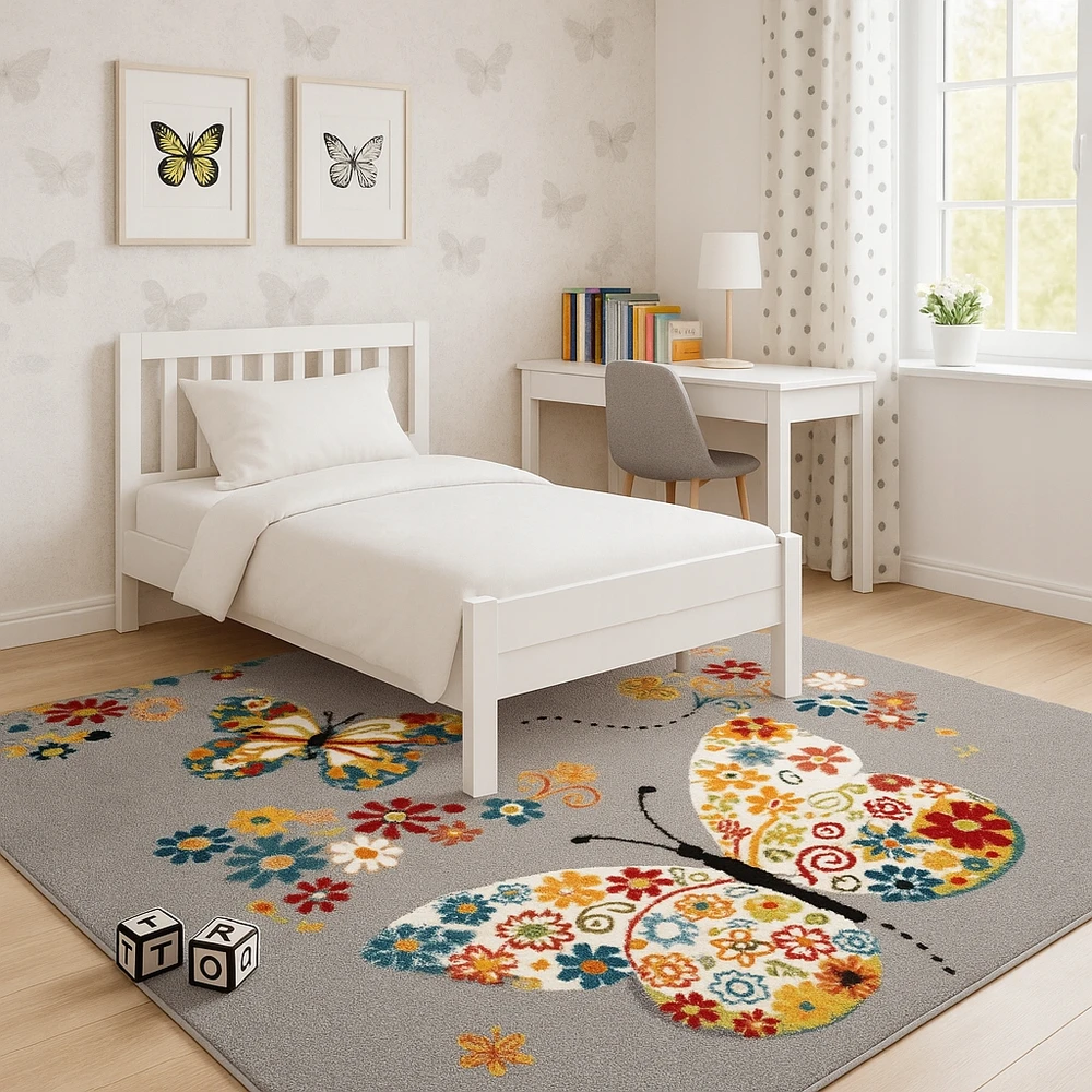 Family fabrics DYWAN DLA DZIECKA - DZIECIĘCY KIDS 577 MOTYLKI PILKA - 80 x 150