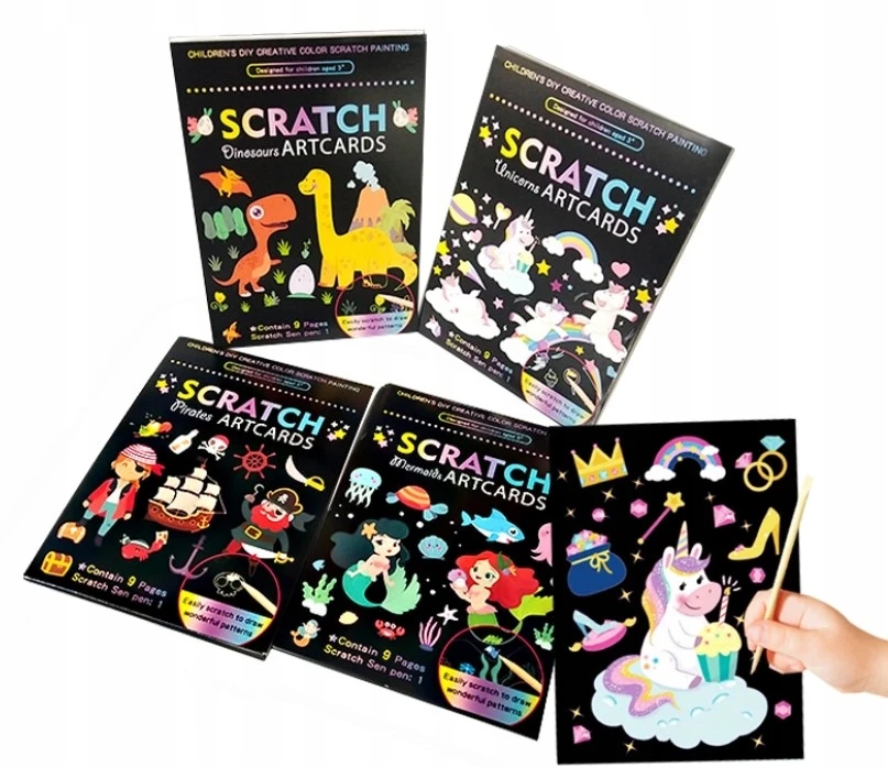 Fandy Rainbow Scratch Board Gyvūnai 9 Lakštai Stylus Scratch Board GYVŪNŲ MAGIC