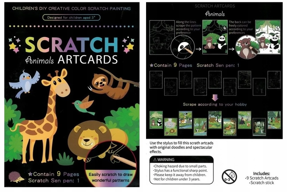 Fandy Rainbow Scratch Board Gyvūnai 9 Lakštai Stylus Scratch Board GYVŪNŲ MAGIC