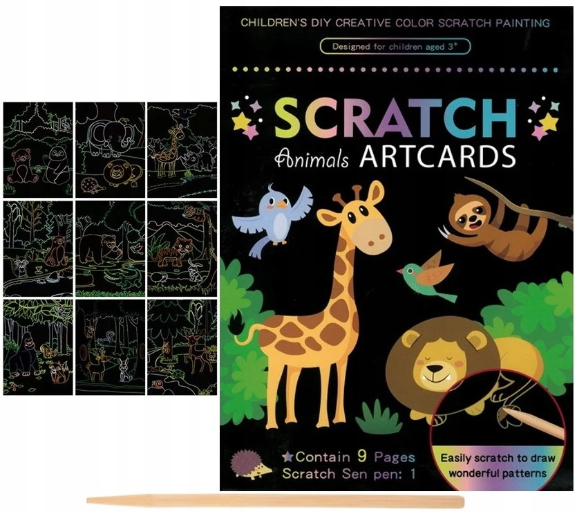 Fandy Rainbow Scratch Board Gyvūnai 9 Lakštai Stylus Scratch Board GYVŪNŲ MAGIC