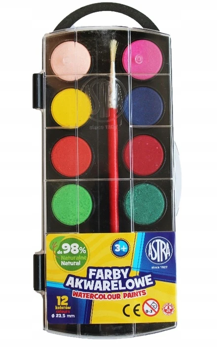 Farby akwarelowe 23,5 mm ASTRA 12 kolorów + pędzelek
