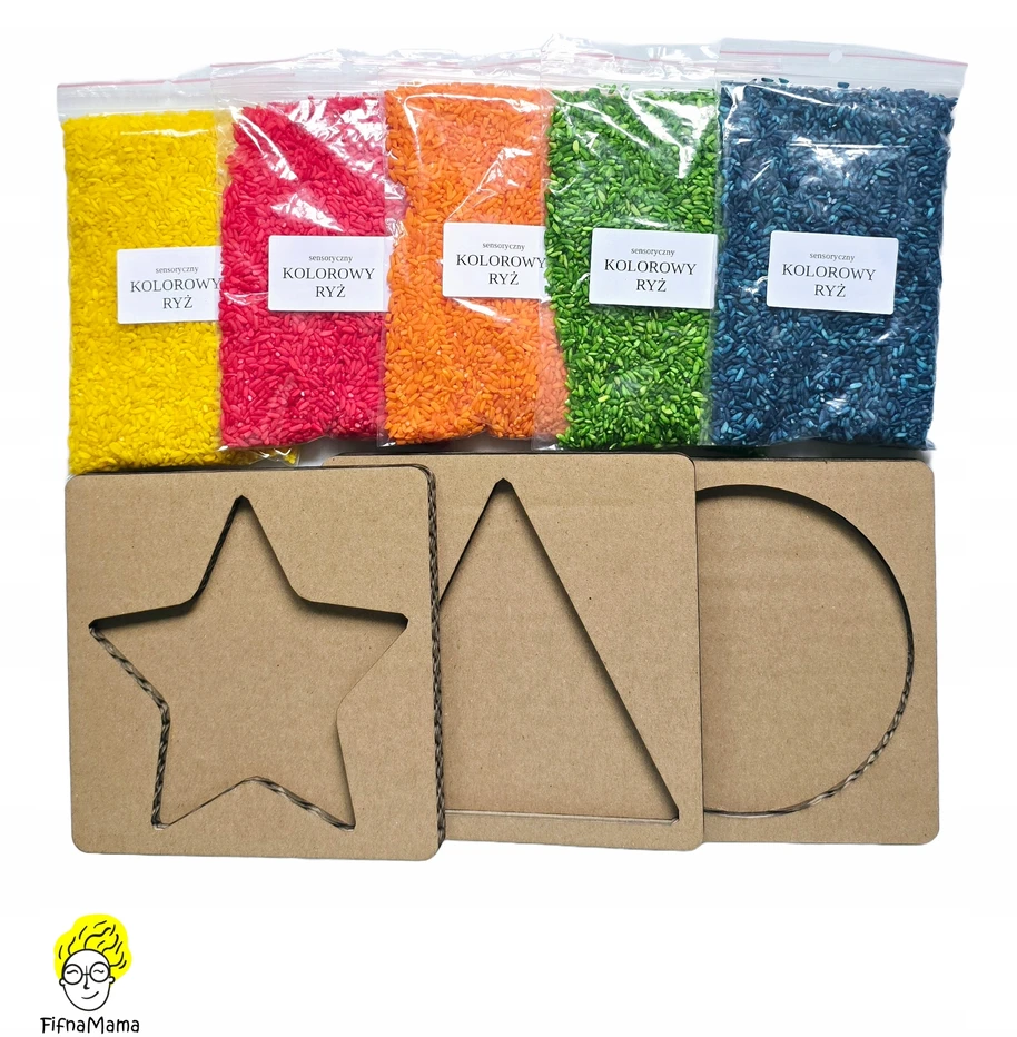 Fifna Mama COLOR SENSORY RYŽIŲ RINKINYS (5x) + MONTESSORIA FORMŲ IŠSIliejimo padėklai