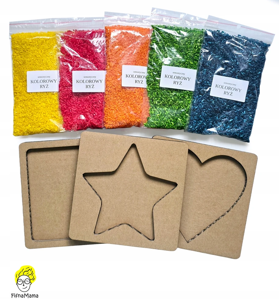 Fifna Mama COLOR SENSORY RYŽIŲ RINKINYS (5x) + MONTESSORIA FORMŲ IŠSIliejimo padėklai
