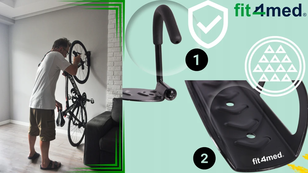 Fit4Med Sieninė kabykla dviračiams dviračiams 2x dviračių laikiklis juodas tvirtas kabliukas 8x kaiščiai